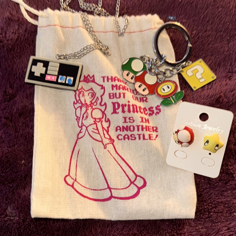 Mario Bros Controller Necklace, keychain, earrings and bag